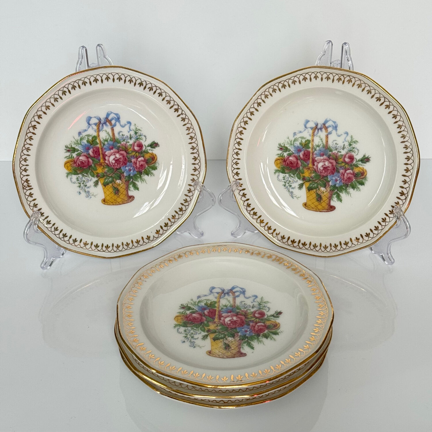 5 Assiettes à Dessert en Porcelaine de Limoges Nœud, Fleurs et Panier