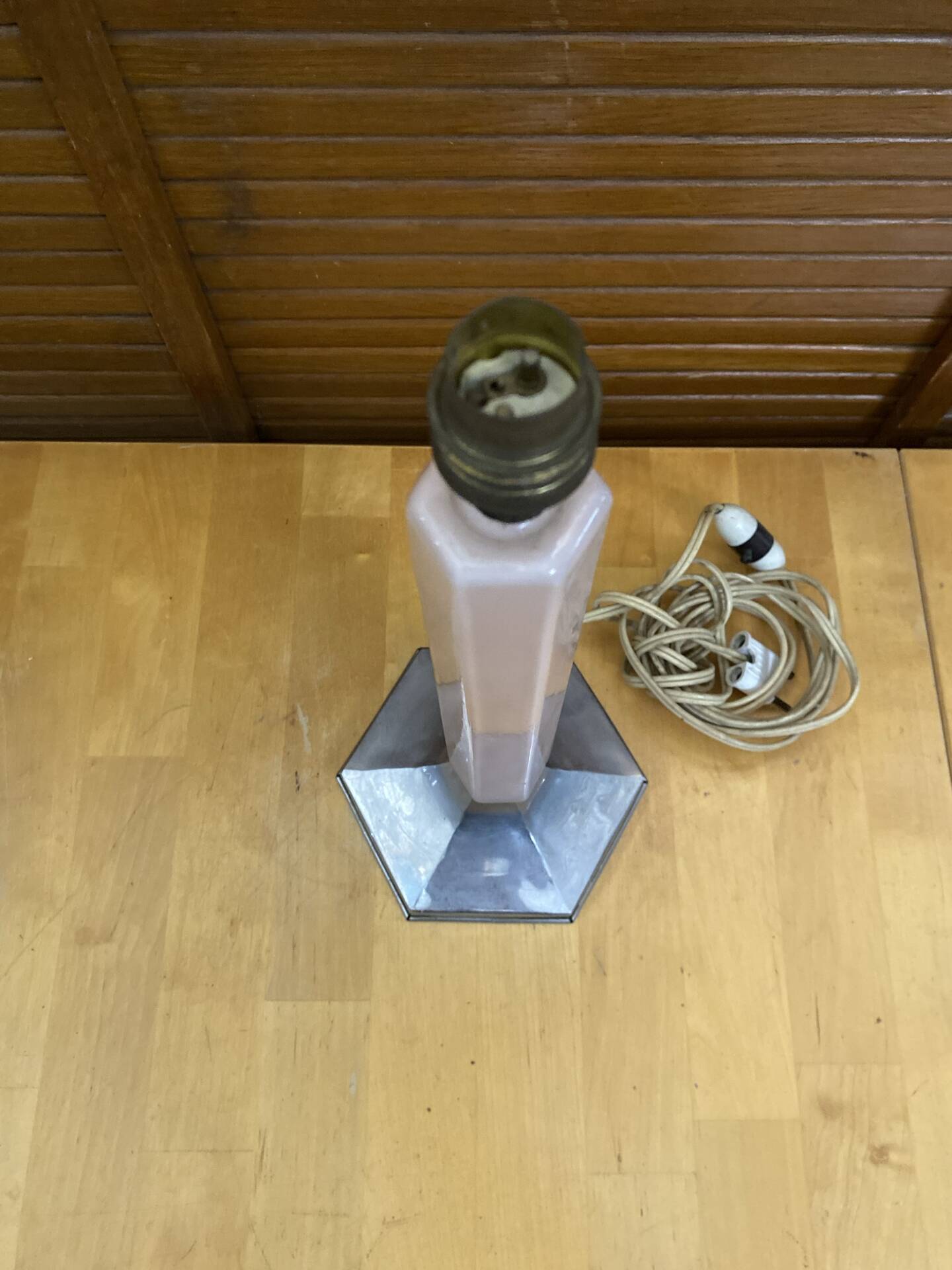 Old art deco hexagonal chrome metal lamp base + vintage pink glass