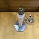 Old art deco hexagonal chrome metal lamp base + vintage pink glass