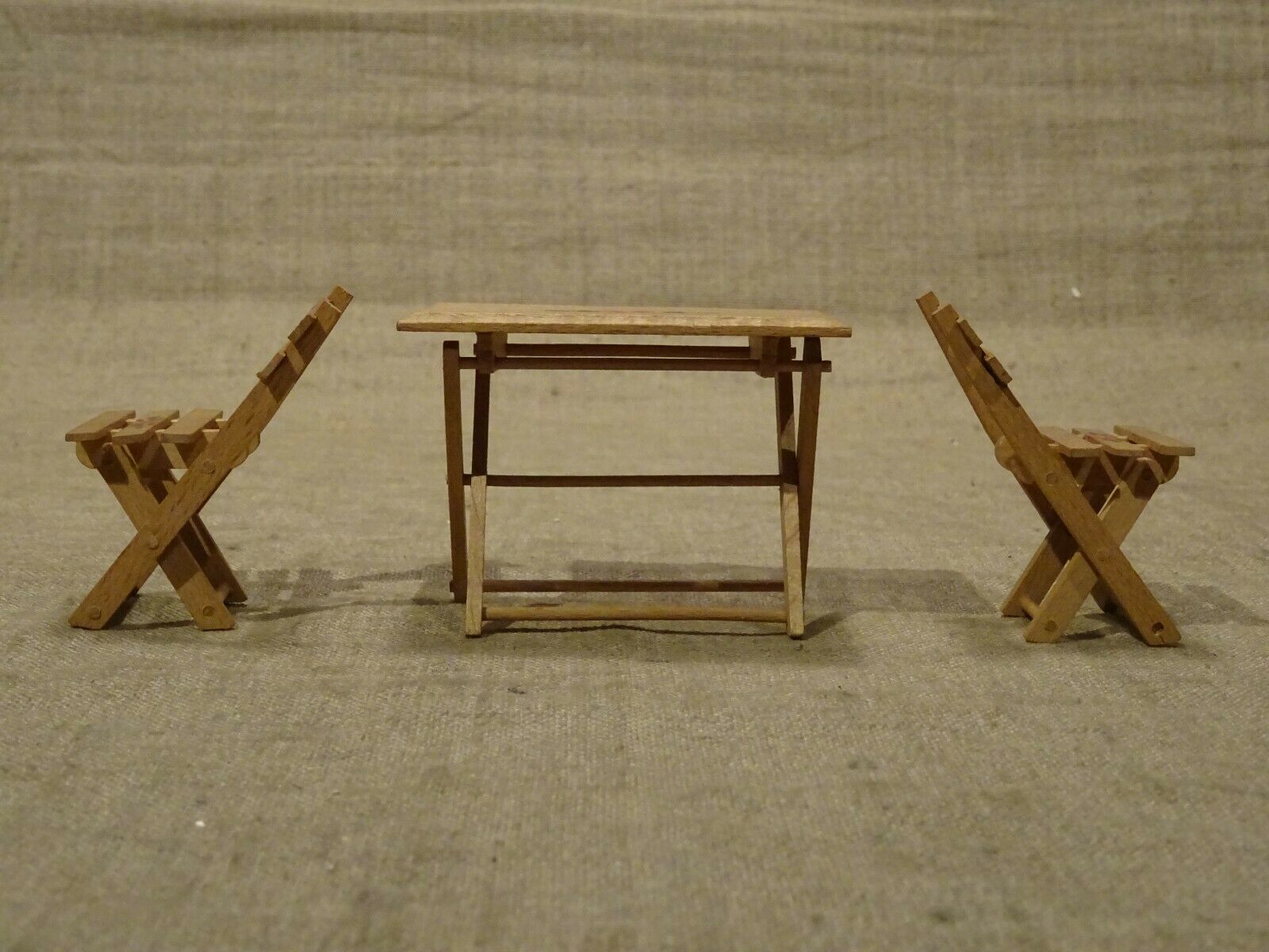 Old miniature doll table furniture and 2 folding garden furniture chairs