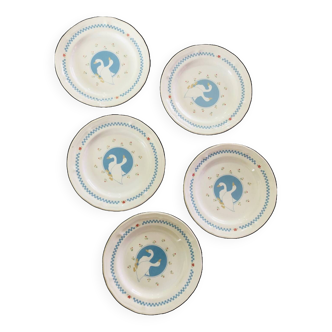 Set of 5 vintage dessert plates retro earthenware geese patterns stoneware moonlight