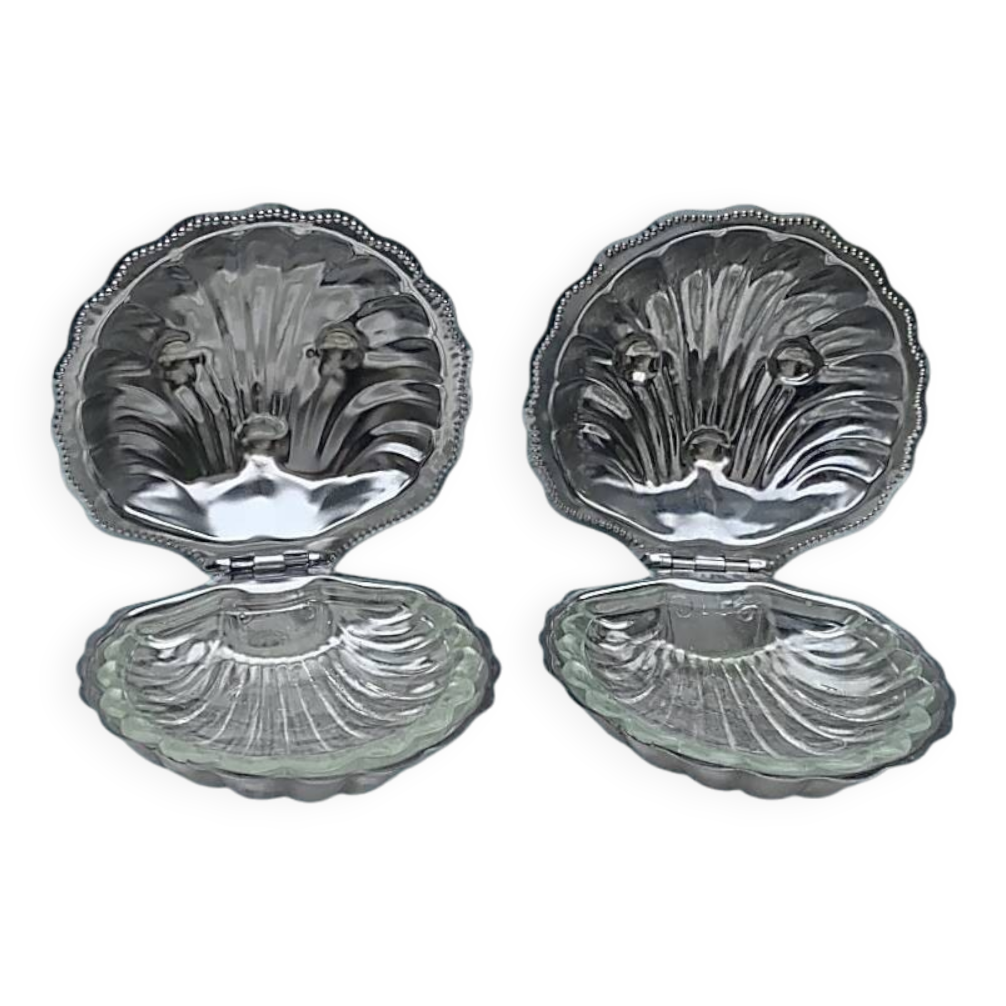 Pair of vintage shell-shaped butter dishes – stainless steel and glass