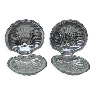 Pair of vintage shell-shaped butter dishes – stainless steel and glass