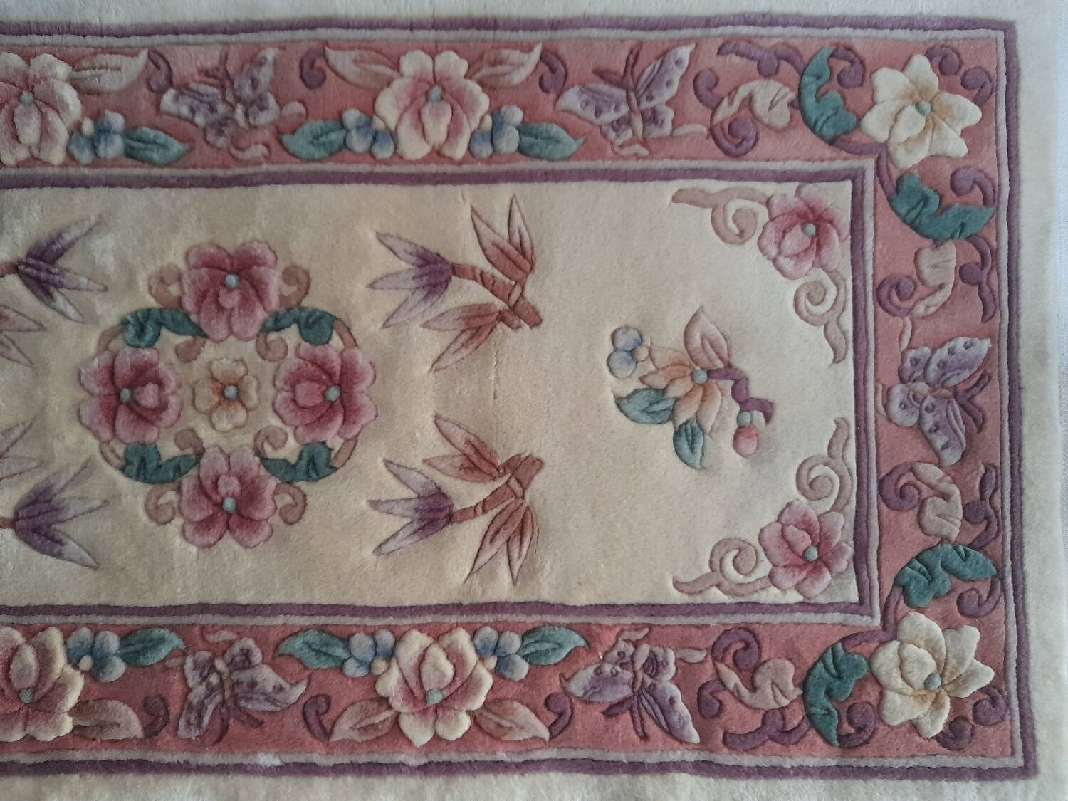 Vintage Chinese rug 120 x 60 cm with reliefs, Beijing flowers, handmade.