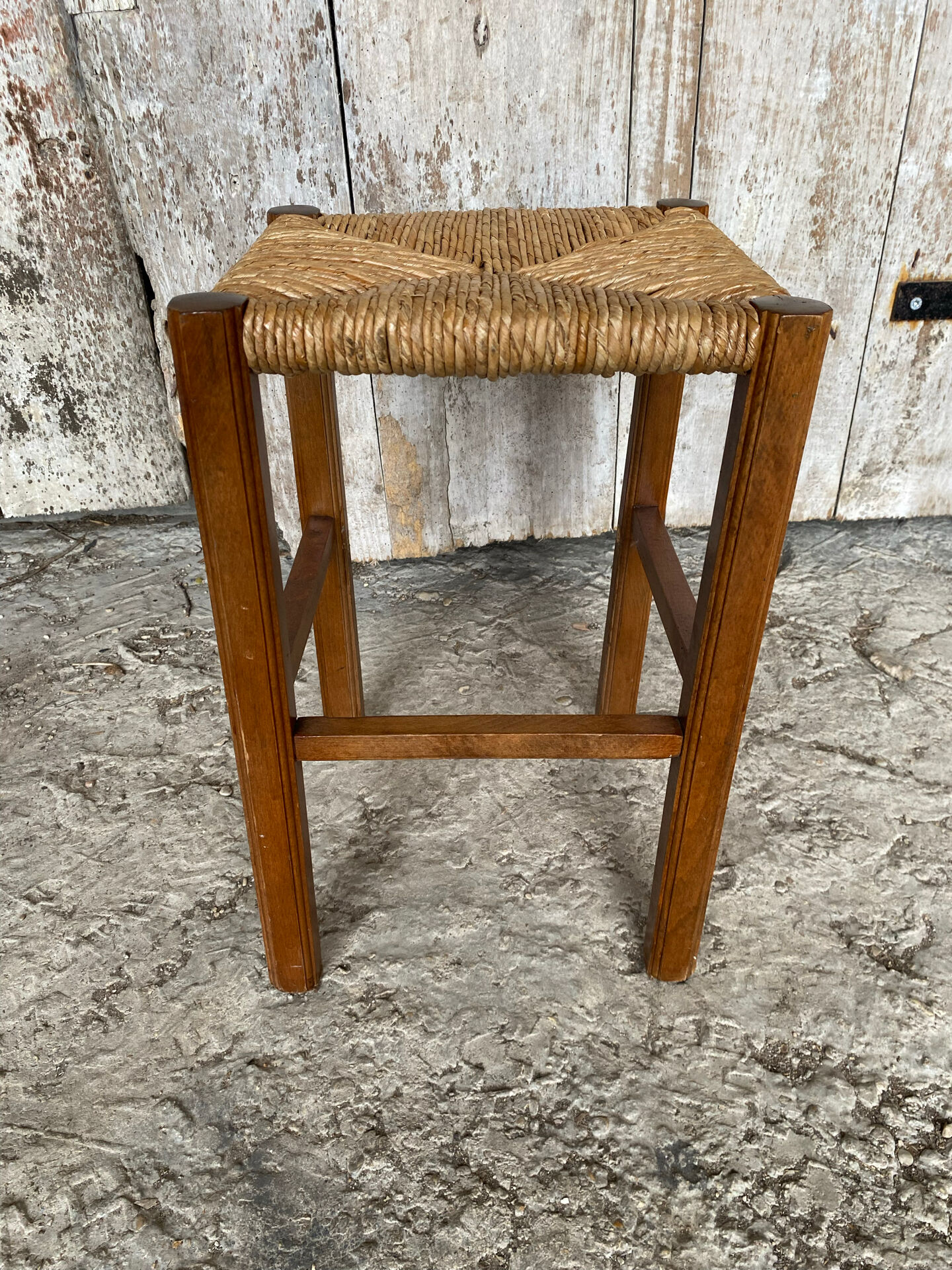 Antique Carved Wood Stool + Vintage Straw Seat #E099