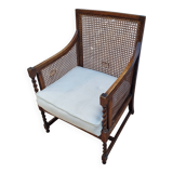 Vintage armchair in turned wood and cane, upholstered seat, 1940s