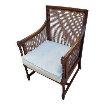 Fauteuil vintage en bois tourné et cannage, assise tapissée, années 1940