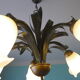 Chandelier of 5 corollas in white granite glass, central decoration with foliage 70s /80s