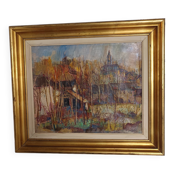 huile sur toile signé César Belotti (1914-1995) village periode automnale