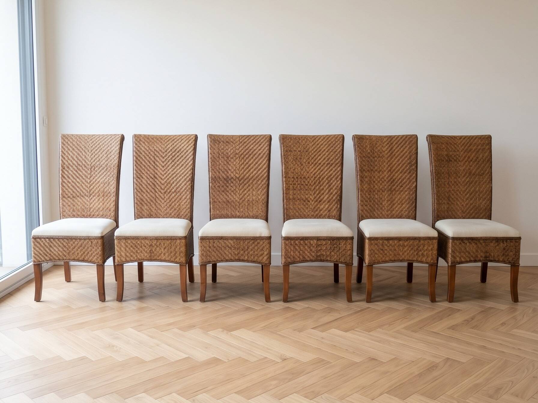Set of 6 dining chairs in rattan and wood