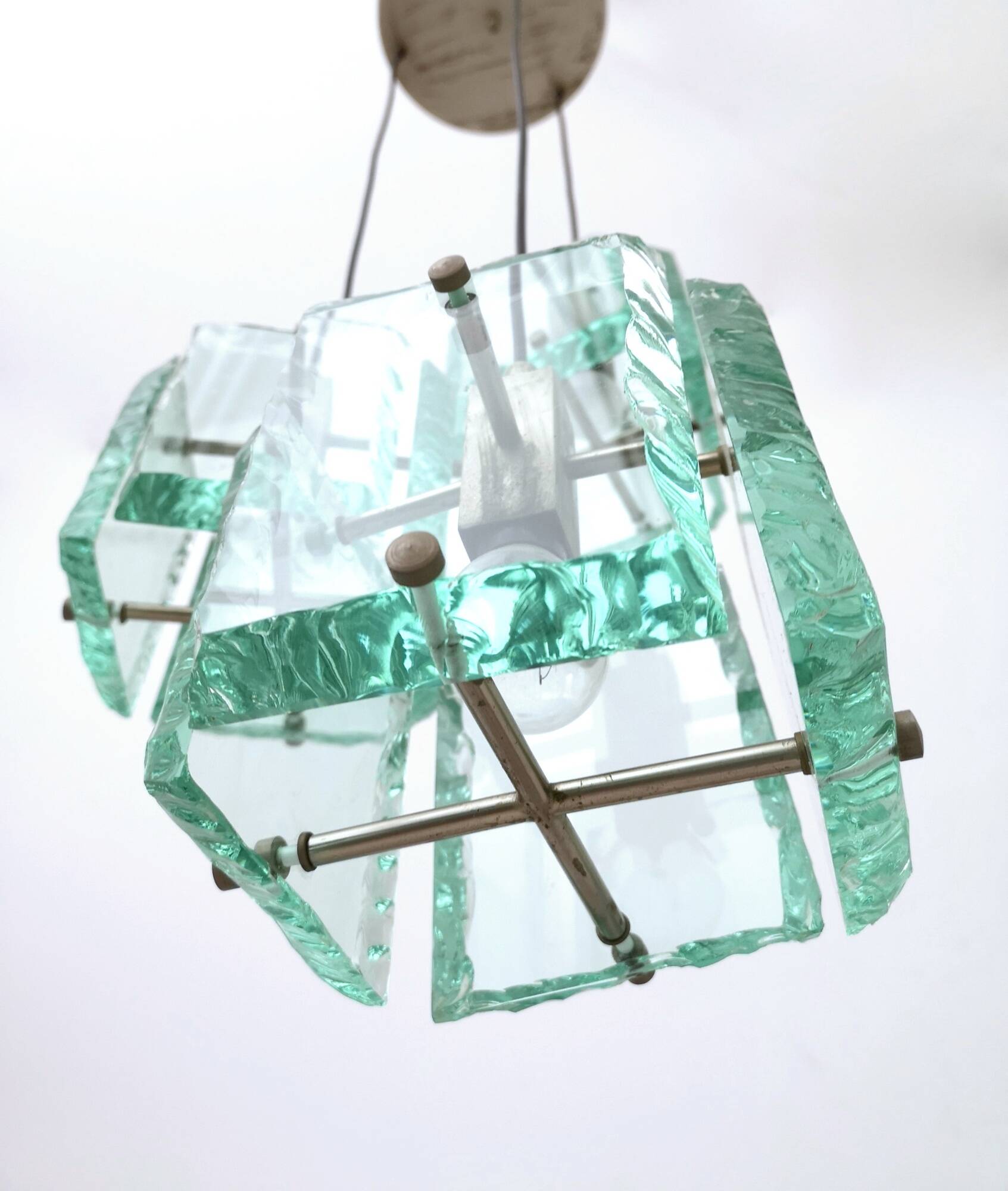 Nile Green Hammered Glass Pendant Light by Zero Quattro, Italy, 1960s