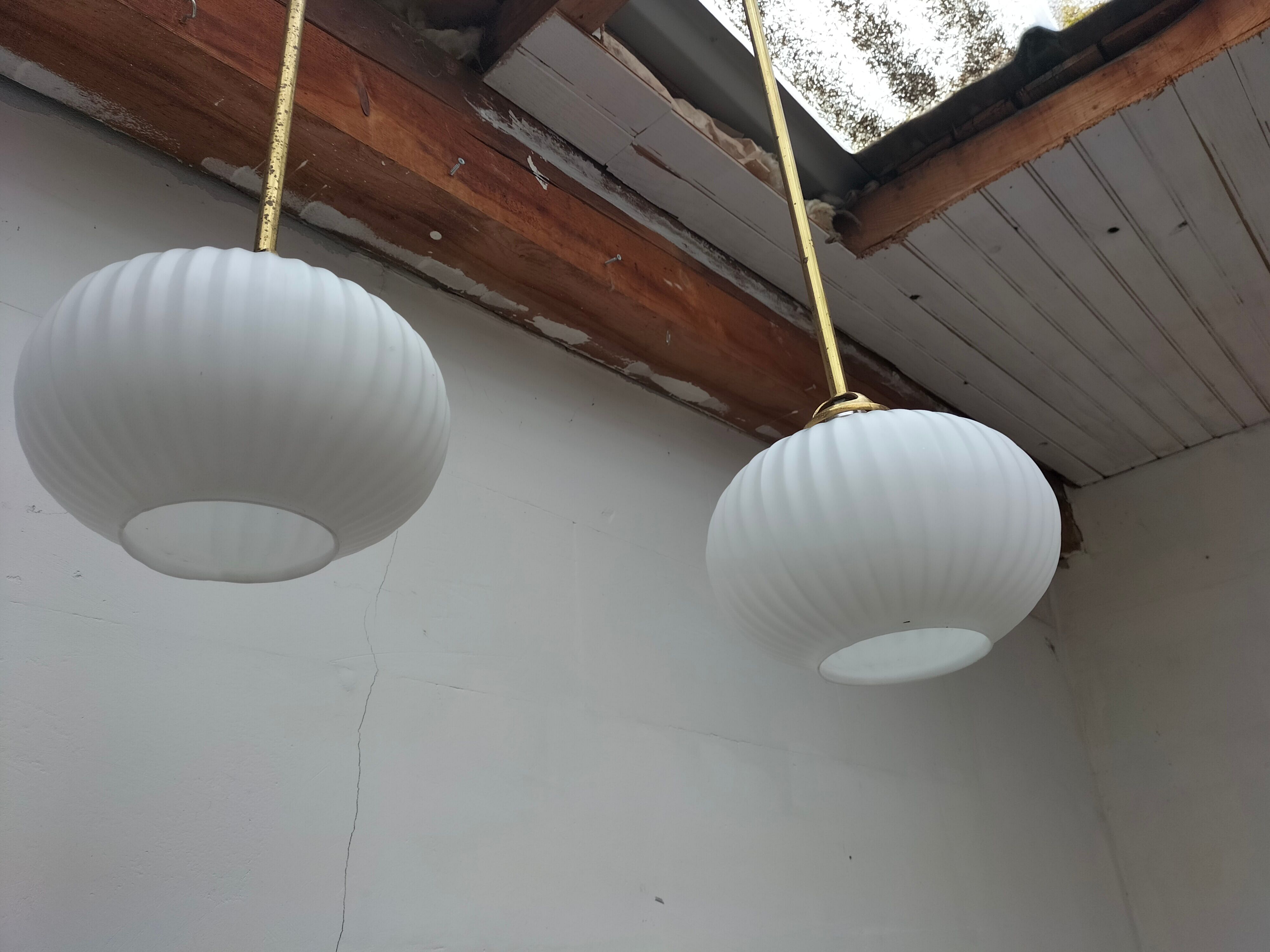 Pair brass and glass chandeliers