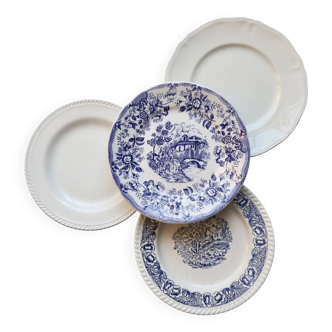 4 mismatched vintage flat plates in blue and white earthenware - Bristol Lot