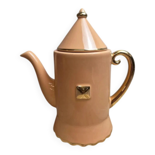 Théière vintage Artichaut I.c.b. France rose pêche et dorures