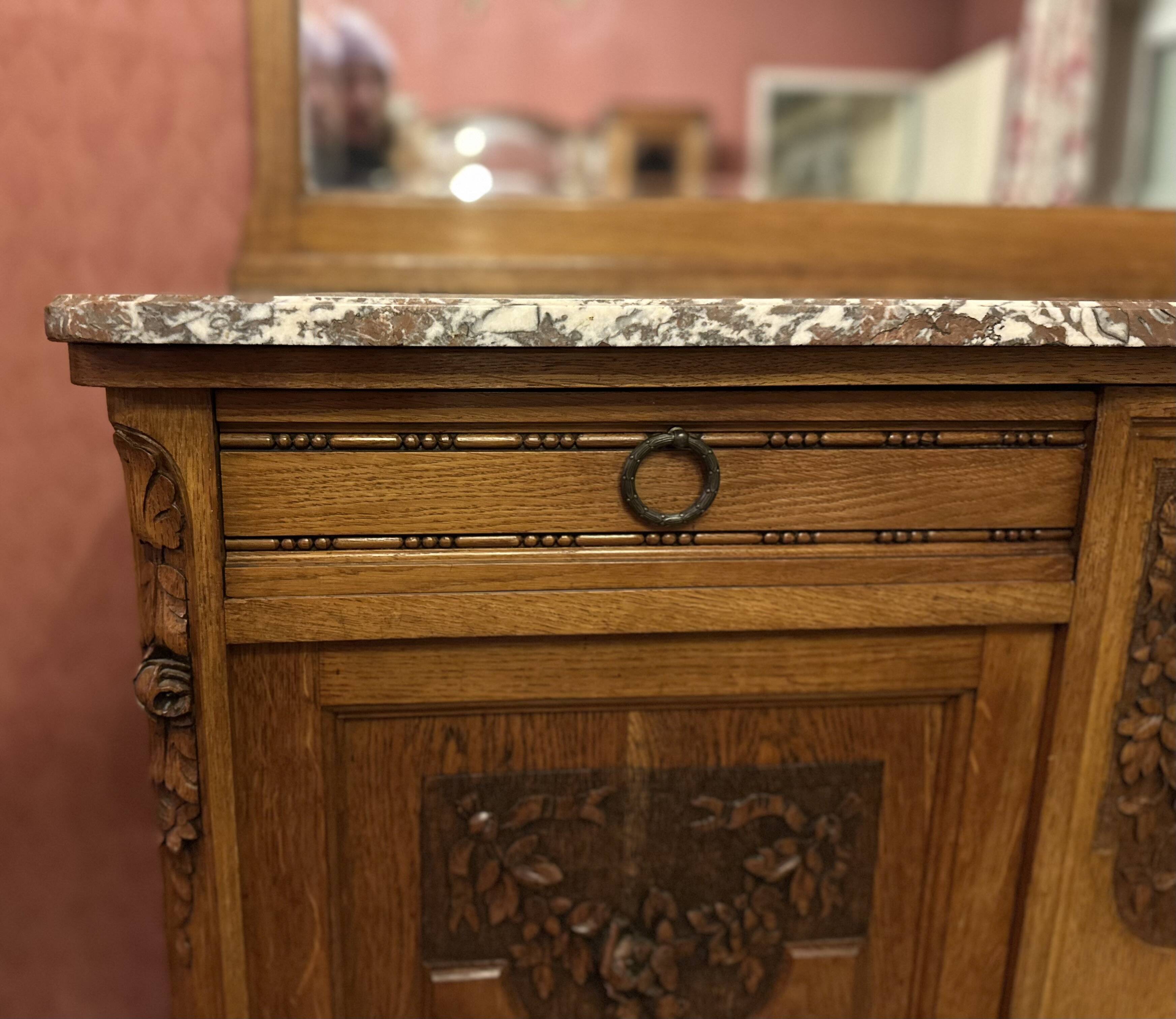 Art Deco solid wood sideboard with mirror and marble top
