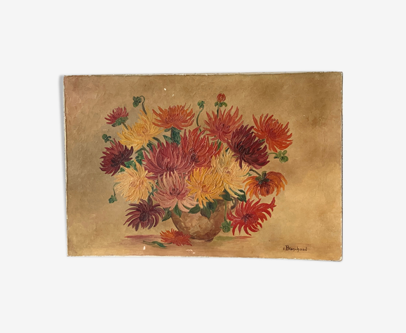 Tableau le bouquet de dahlias vintage signé Blanchard