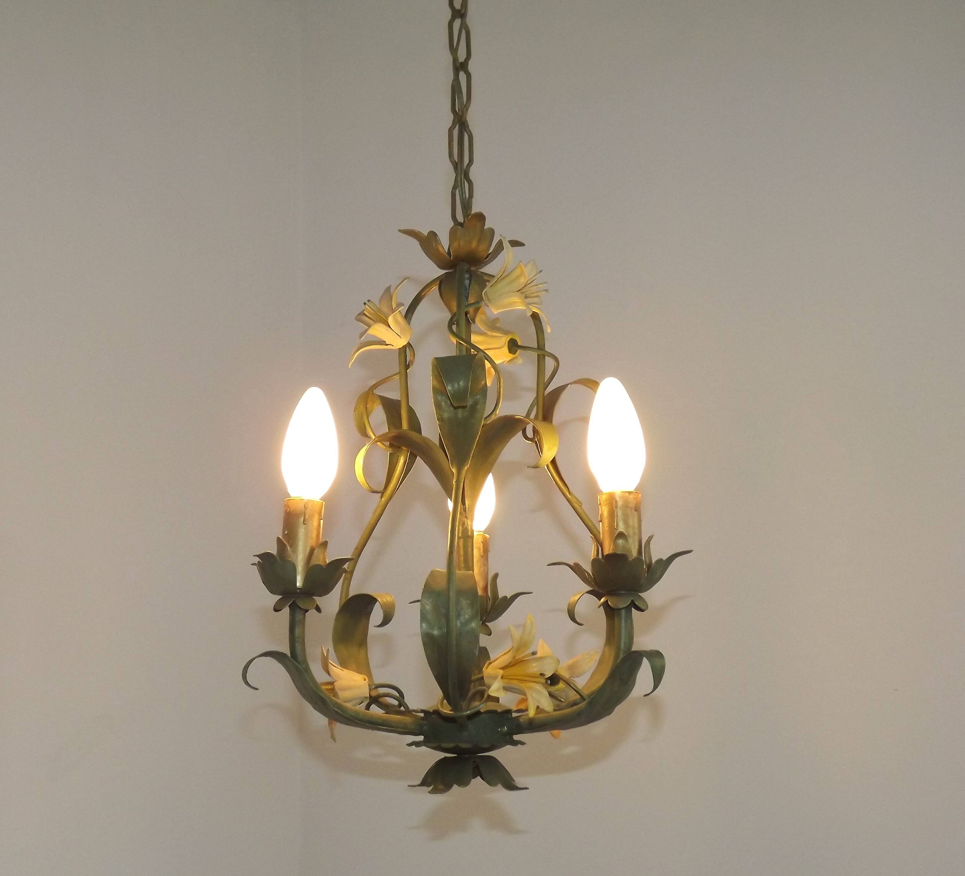 French Vintage 3 Light Cage Chandelier Hand Painted Floral Design