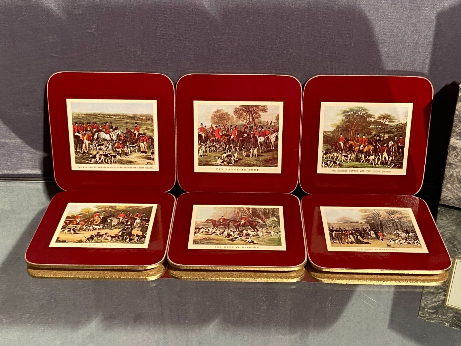 Suite de 6 dessous de verre en liège Clover Leaf décor scènes de chasse à courre