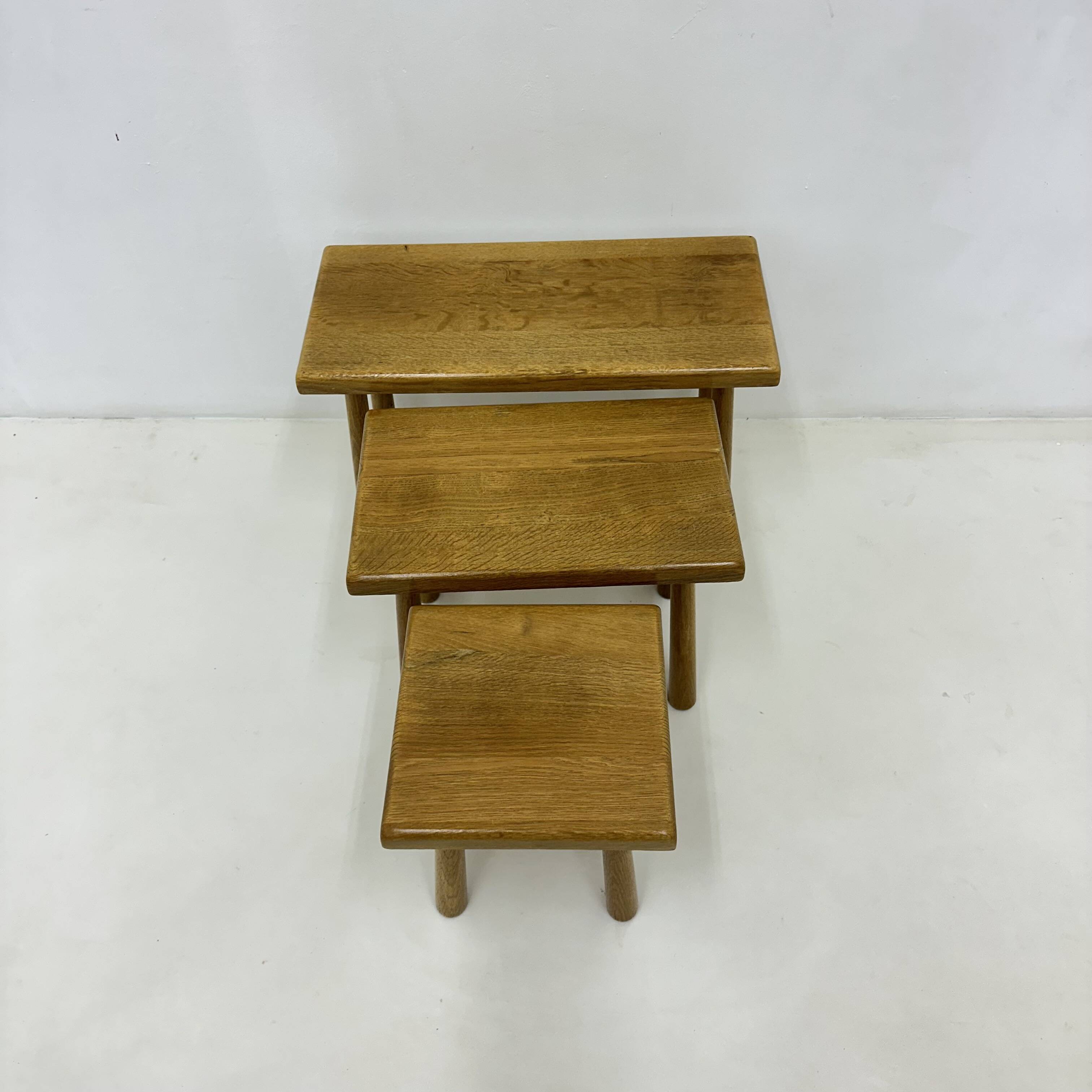 Set of nesting tables solid oak wood brutalist , 1970s
