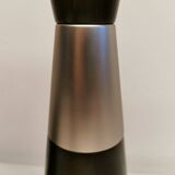 Two table lamps made of dark-stained wood with silver detail in the middle.