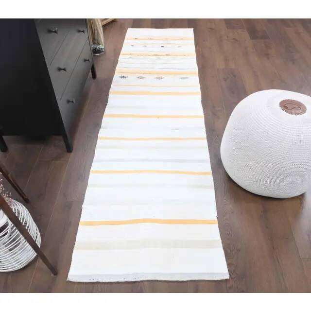 Vintage Turkish Oushak Handmade Wool Cotton White Kilim Runner Rug 67x254