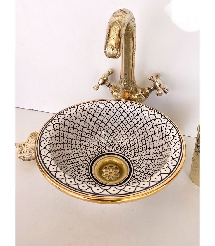 Moroccan ceramic Sink 100% handcrafted with Gold Brass