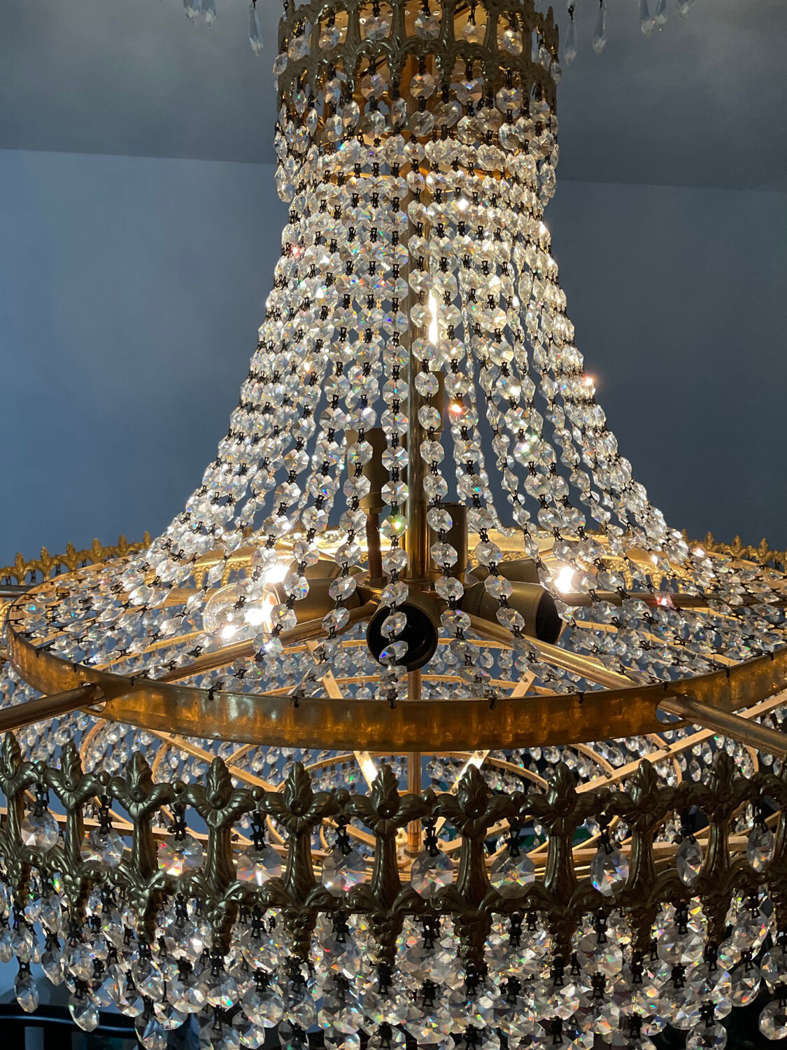 Brass chandelier and crystal tassel waterfall