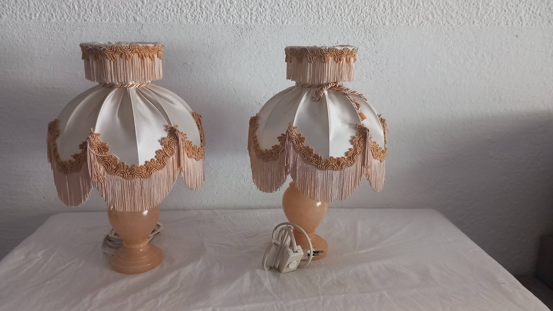 Pair of vintage alabaster lamps in Boudoir style – Fringed lampshade