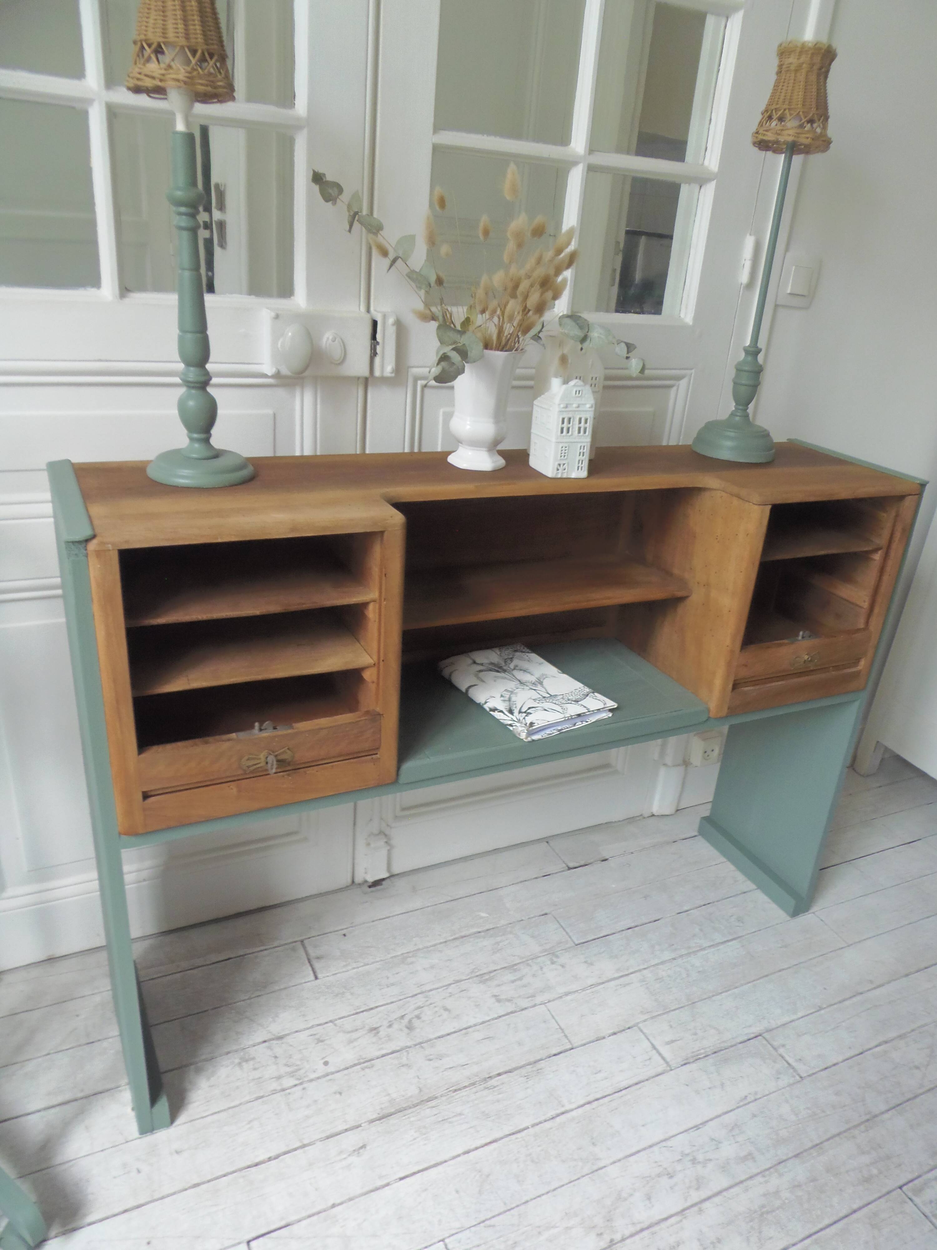 Console made with some old walnut elements. Unique smoky green piece.