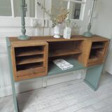 Console made with some old walnut elements. Unique smoky green piece.