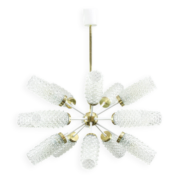 Vintage Sputnik Chandelier: Brass & Textured Glass, Mid-Century Modern Ligh