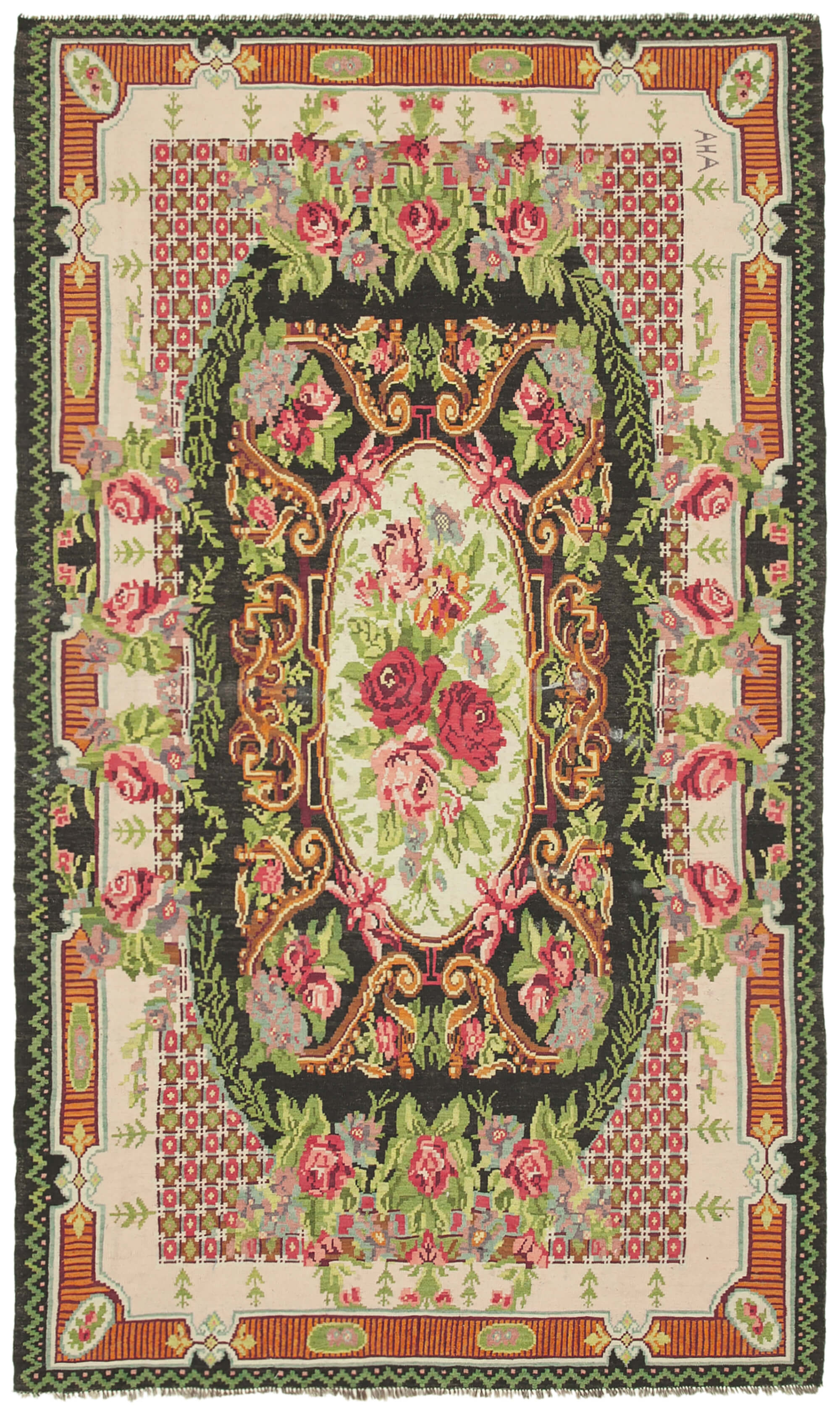 Hand-knotted vintage tapestry black kilim 214 cm x 356 cm - 23281