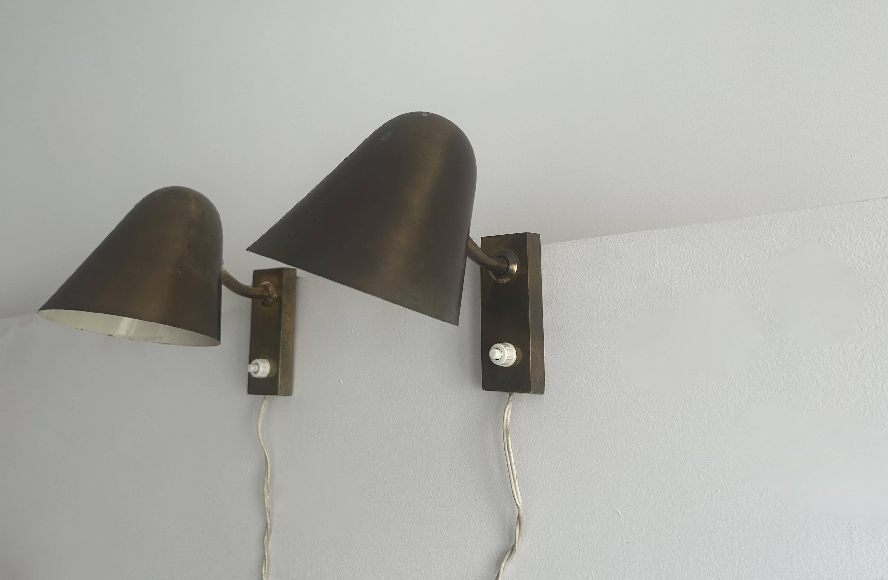 Pair of vintage adjustable wall lights, solid brass, France 1940