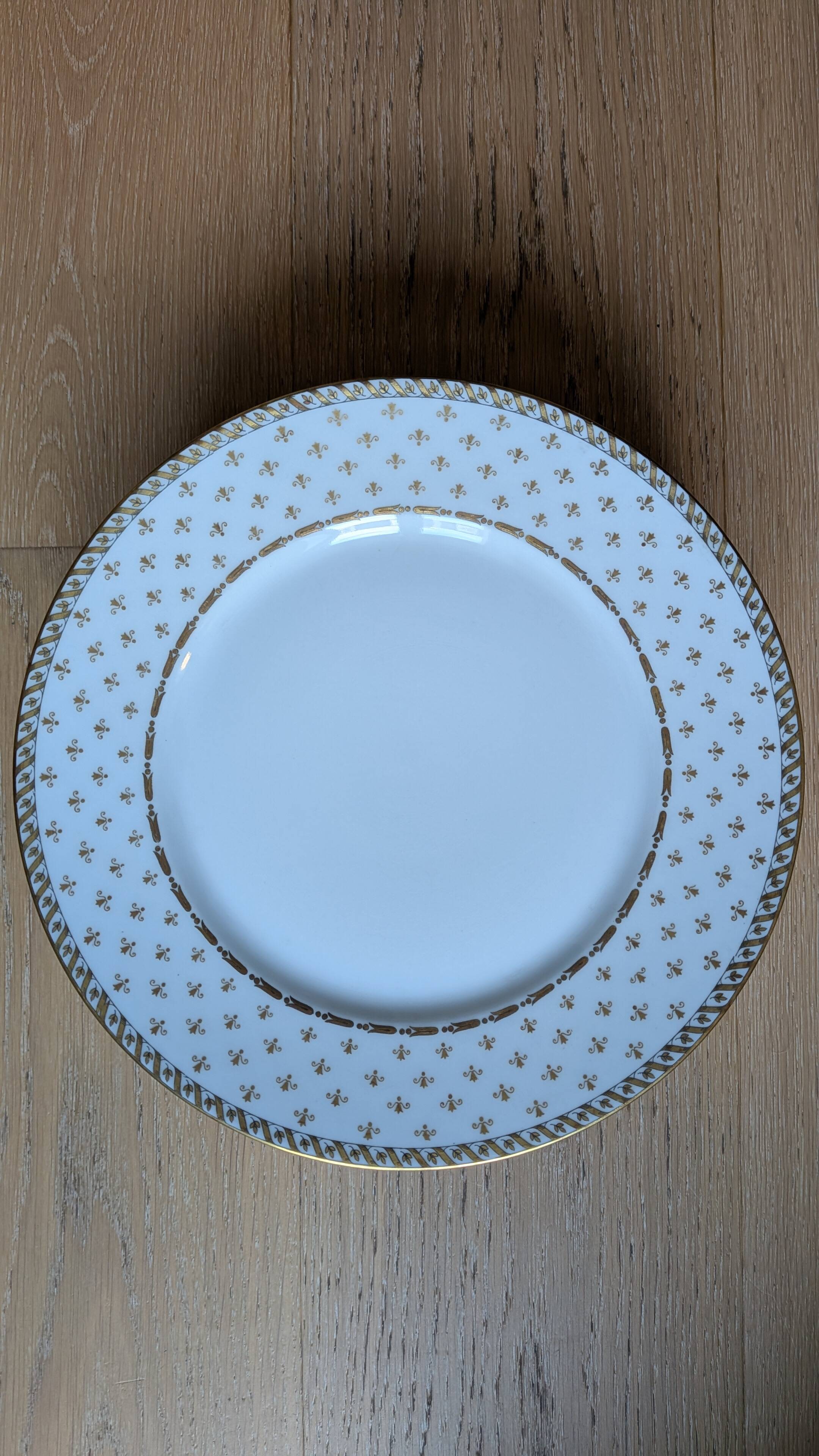 10 assiettes à dessert dorées en porcelaine de Limoges, Dupont Desfontaines