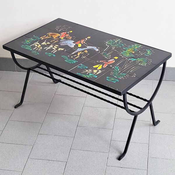 Table basse table d'appoint vintage 1950 ceramique & metal chasse a courre