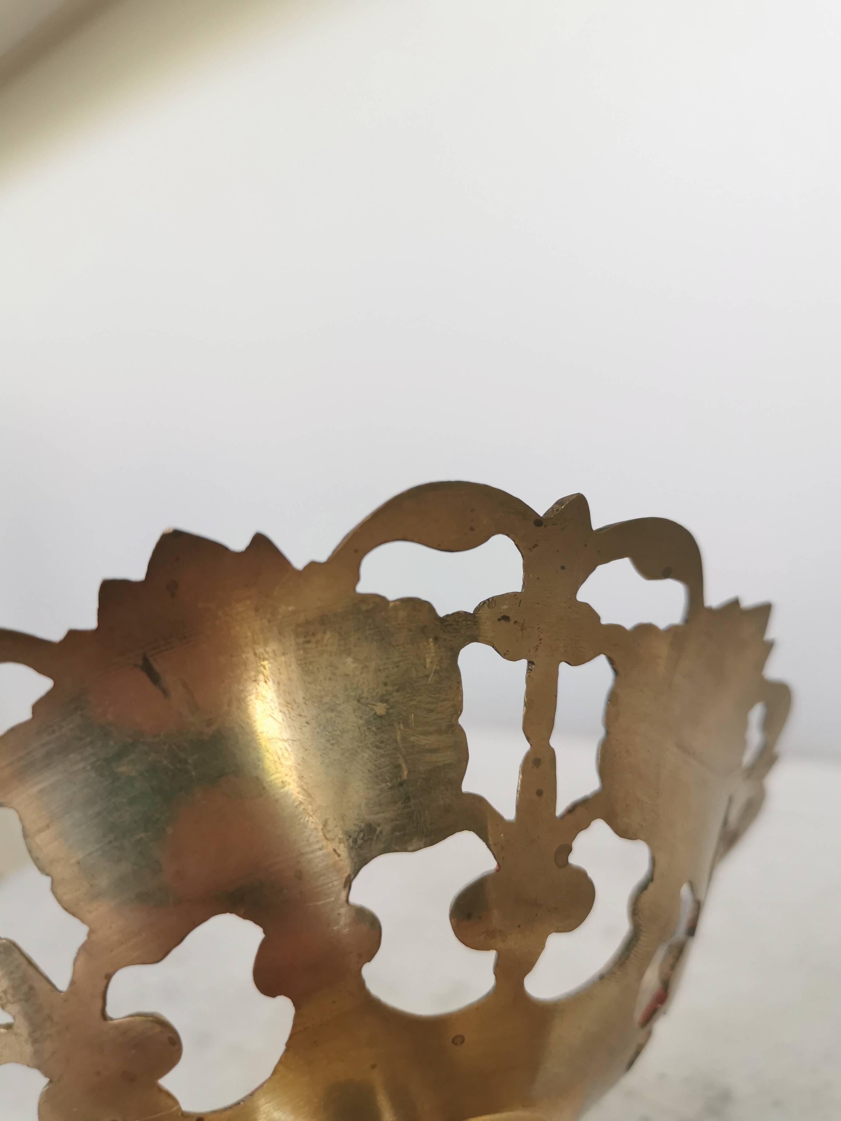 Vintage Brass Pedestal Bowl: Floral Motif, Red Blue Green Painted