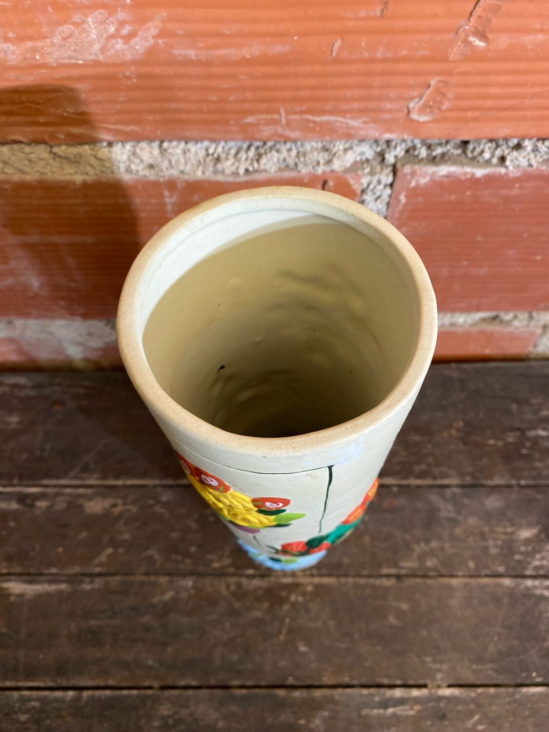 Old Rolled Vase Beige Ceramic Polychrome Flower Decor Vintage #D