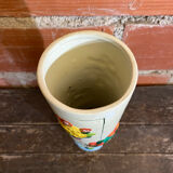 Old Rolled Vase Beige Ceramic Polychrome Flower Decor Vintage #D