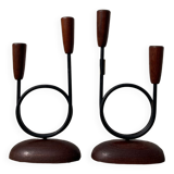 Pair of Scandinavian candlesticks in wood and metal Denmark