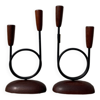 Pair of Scandinavian candlesticks in wood and metal Denmark