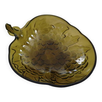 Indian green glass fruit bowl with grape decoration in strawberry shape.