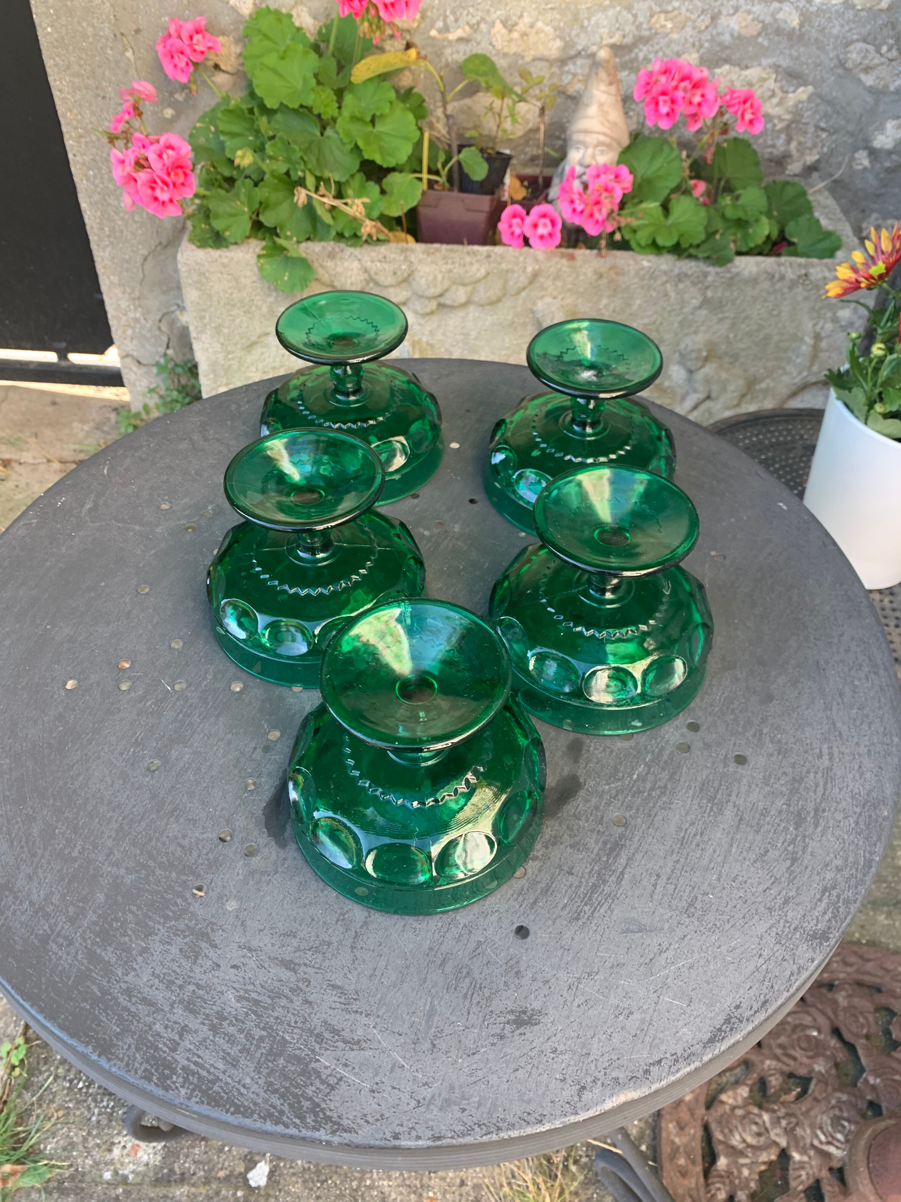 5 cups, vintage green glass verrines