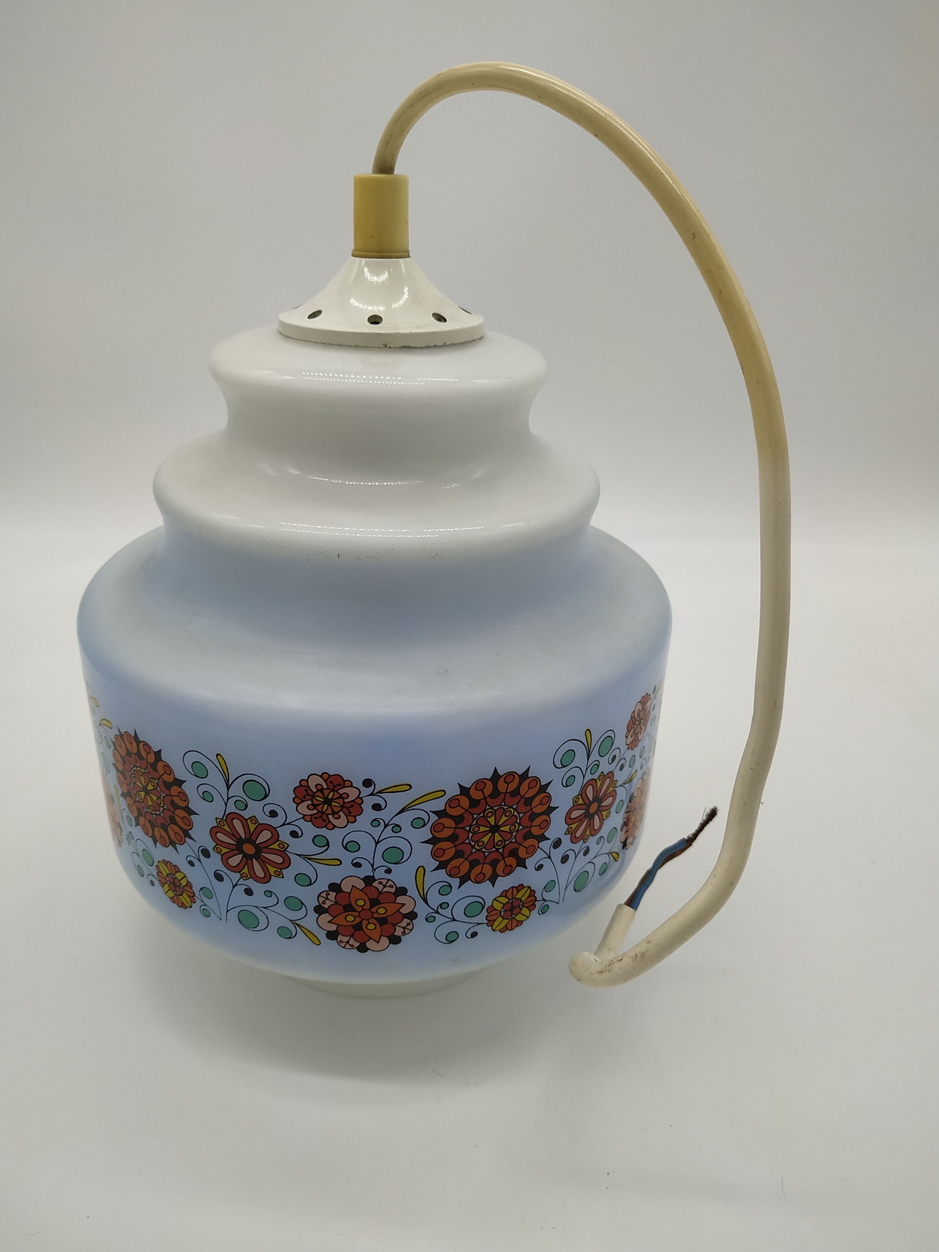 Vintage pendant lamp in seventies screen-printed opaline