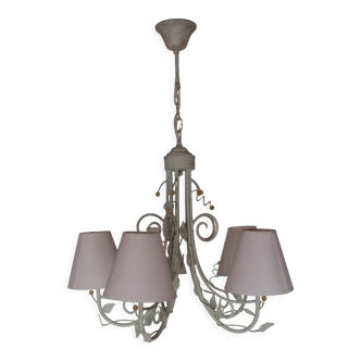 Vintage chandelier, 5 burners, wrought iron and pearls