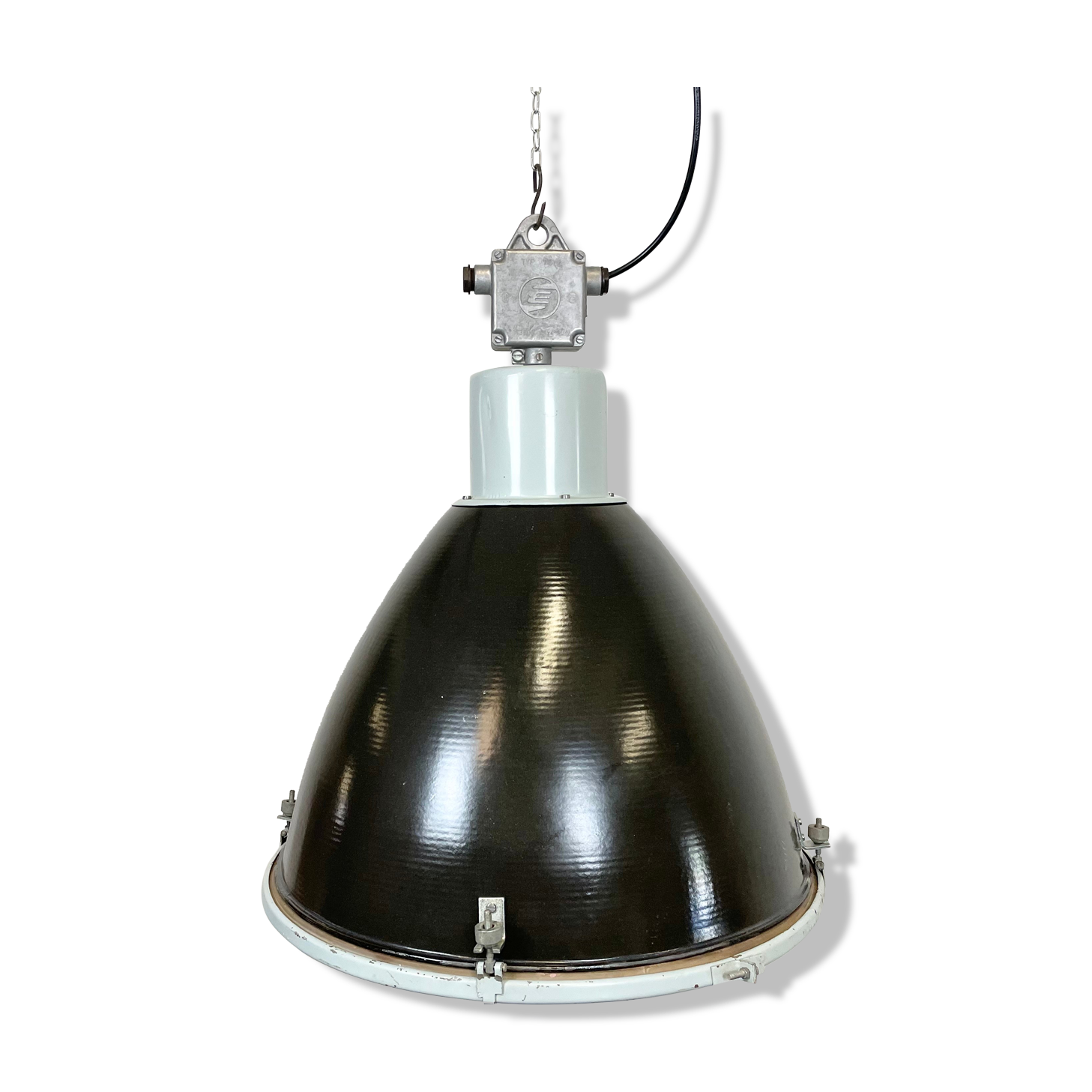 Industrial black enamel factory lamp with glass cover, 1960s
