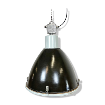 Industrial black enamel factory lamp with glass cover, 1960s