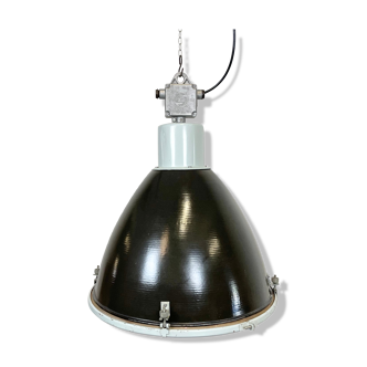 Industrial black enamel factory lamp with glass cover, 1960s