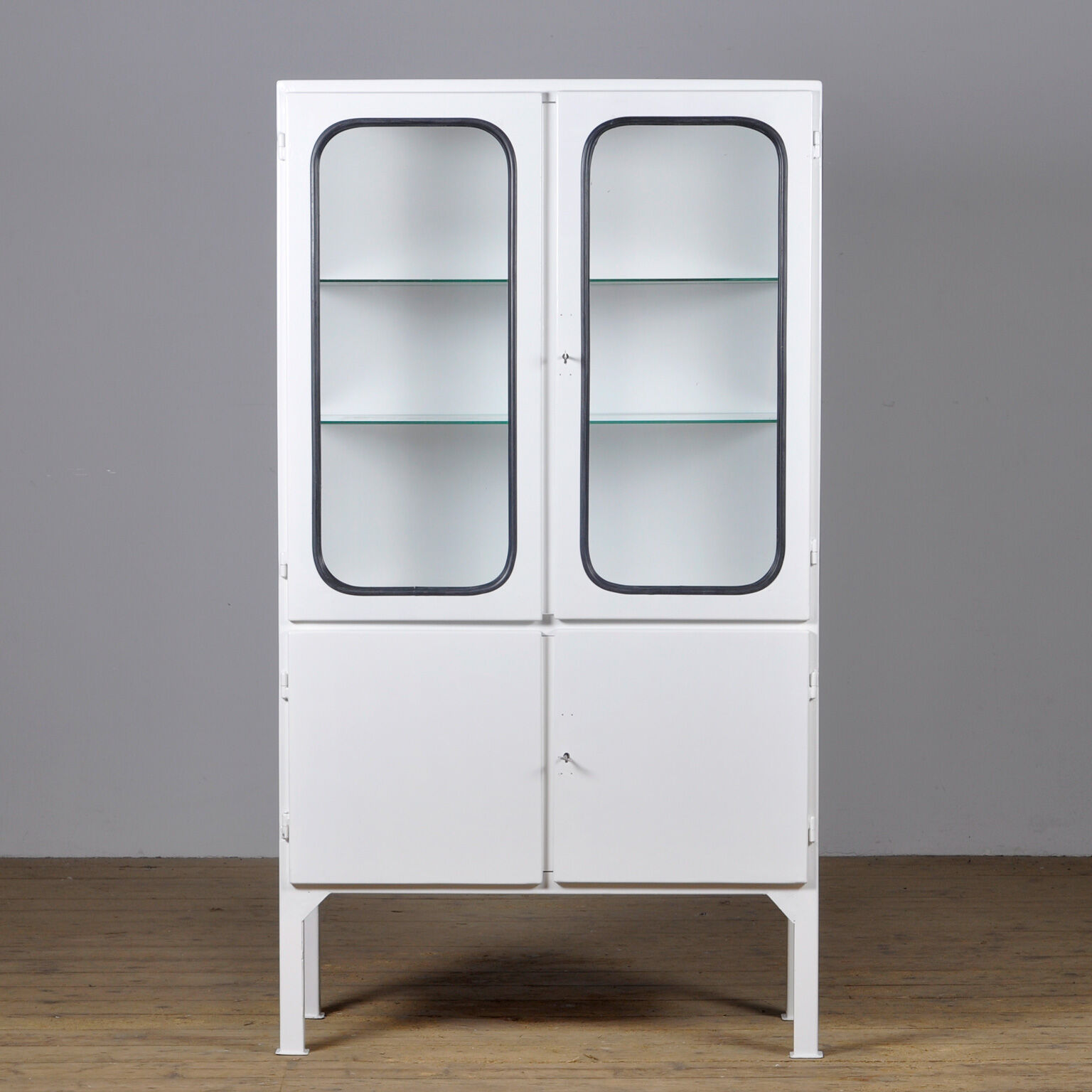 Restored glass & iron medical cabinet, 1970s