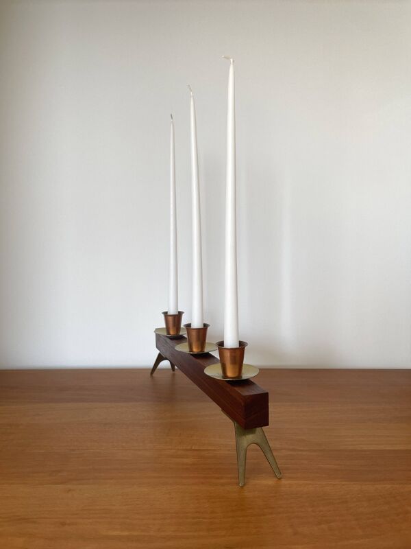 Chandelier moderniste en teck et laiton vintage