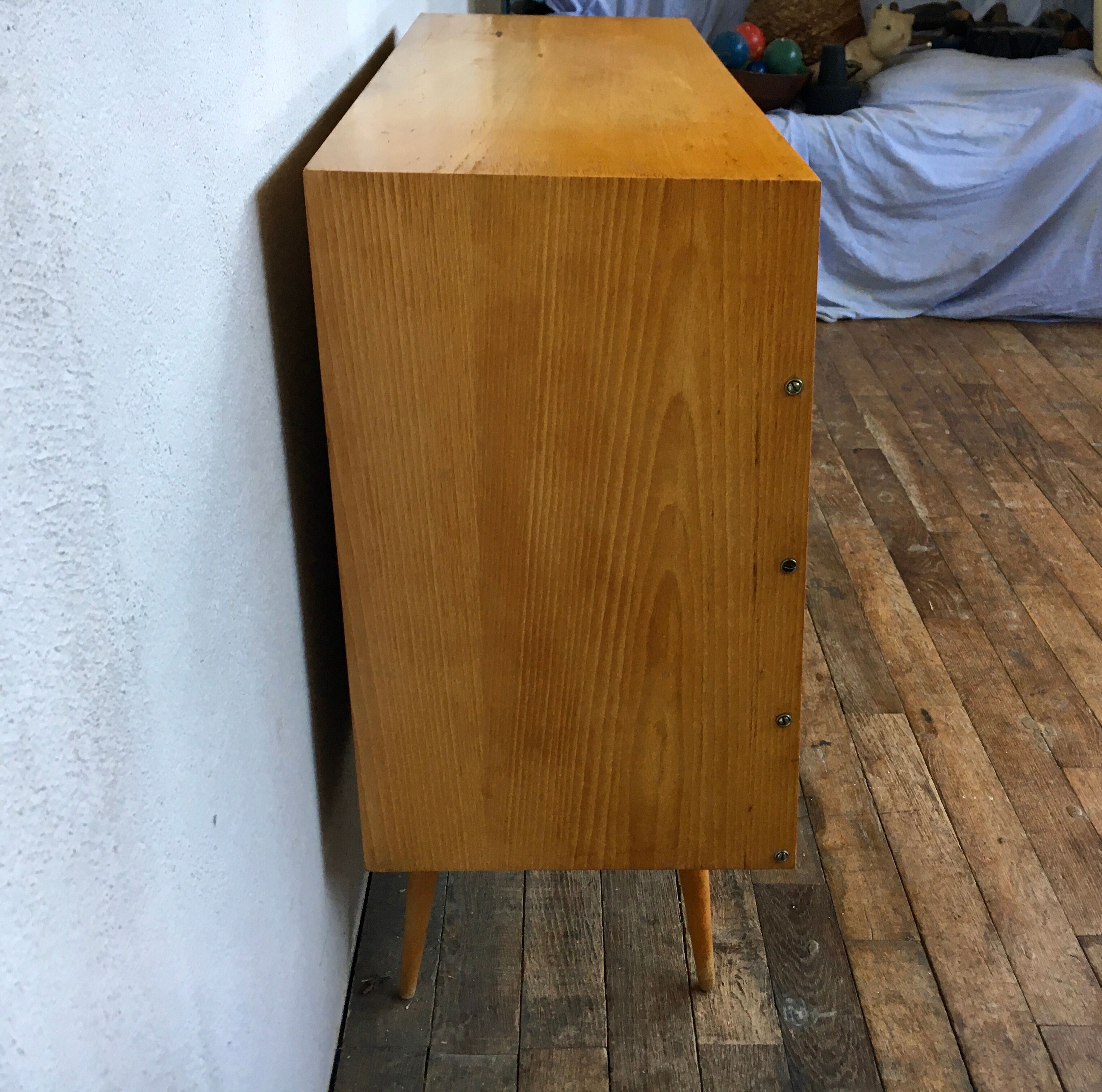 50s color formica shoe cabinet with compass feet